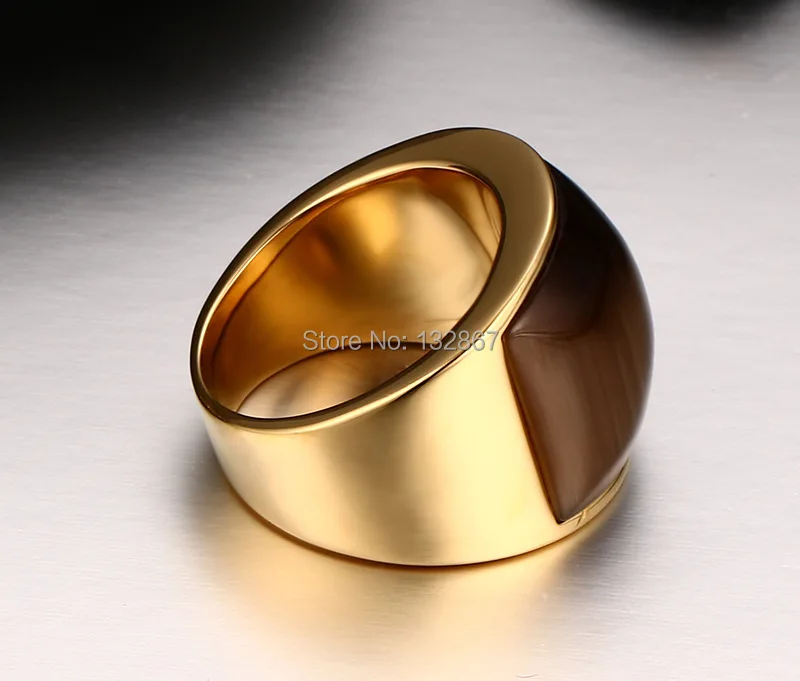 Fashion Brand New Women Men's Fine Party Gift Gold Stainless Steel Big Green &amp Coffee Color Stone Band Ring Jewelry Size 7-11# |