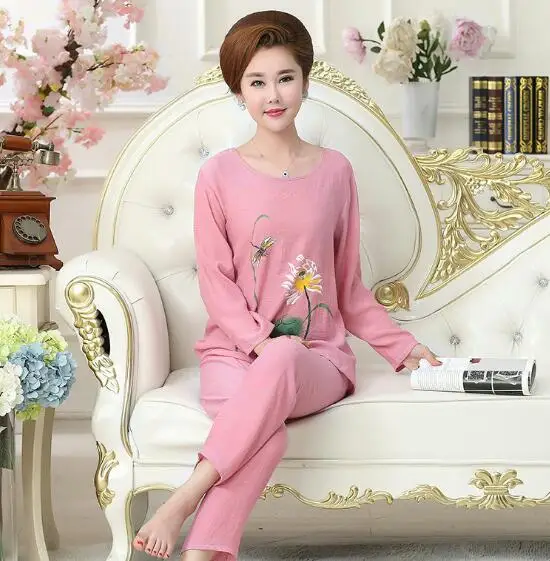 XL-4XL Plus size winter pajamas long sleeve o-neck ladies cotton linen nightwear casual print pijama suit pyjamas women 8 colors | Женская