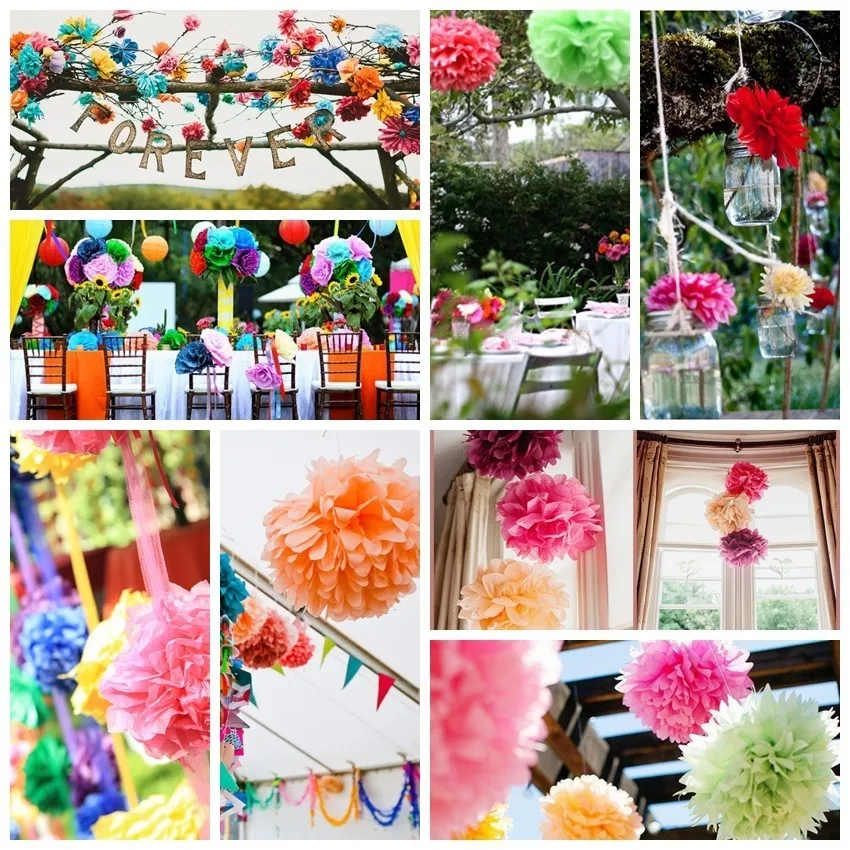 5 шт./компл. 19 цветов, 15 см/20 см/25 см смешанных размеров ткани Бумага Pom Poms, цветок, висит украшение День рождения Свадебные украшения