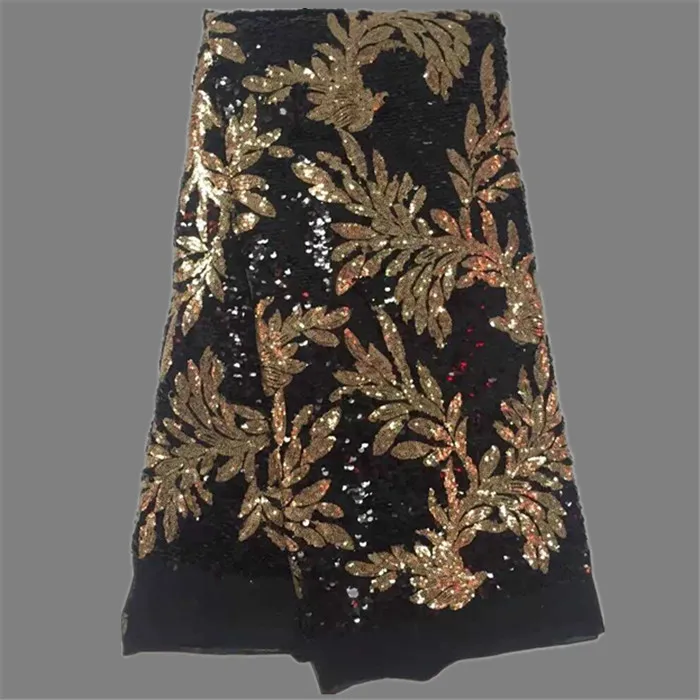 Высококачественная французская сетчатая кружевная ткань с черными + золотыми