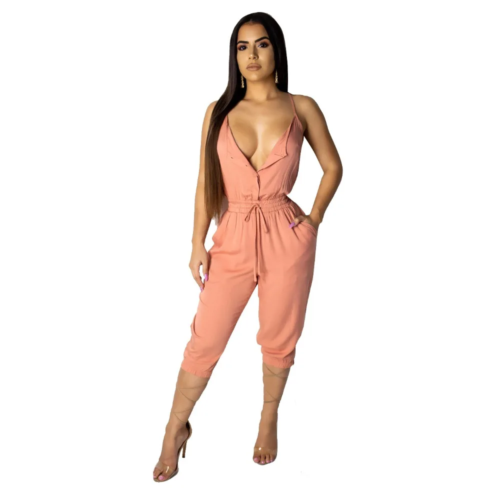 

Women's sexy solid color sling in the long one-piece cropped trousers
