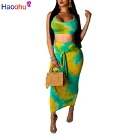 haoohu tie dye sexy two piece set crop top and midi skirt set 2 piece club outfits 2019 summer clothes for women matching sets