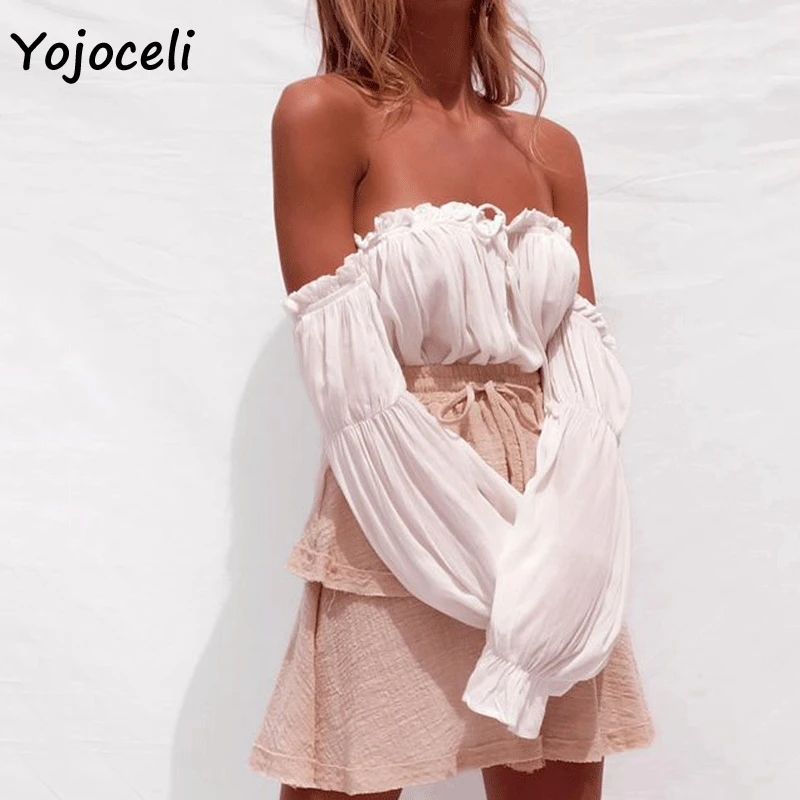 Yojoceli 2018 хлопковые блузки с открытыми плечами и рюшами рубашка для женщин уличная