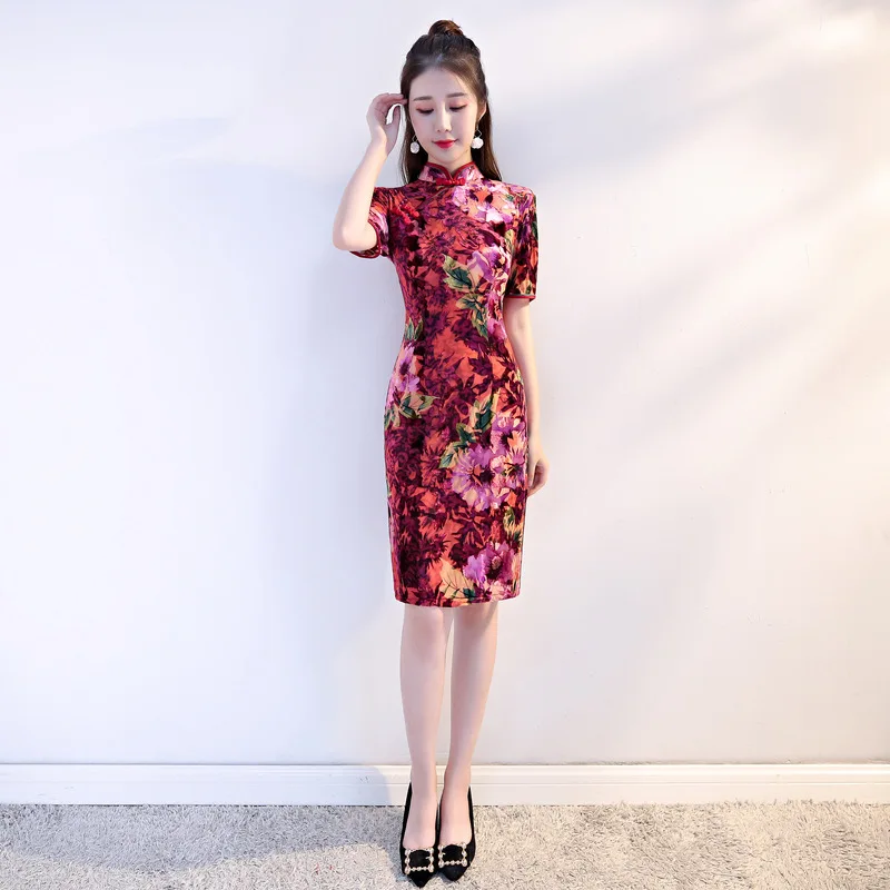 Новинка бархат цветок Cheongsam сексуальный Qipao новинка тонкий цветочный принт