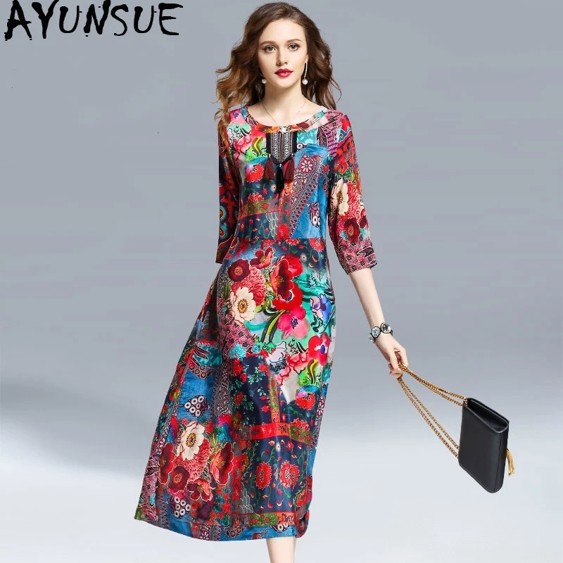 AYUNSUE женское весенне Летнее цветочное платье элегантное винтажное шелковое