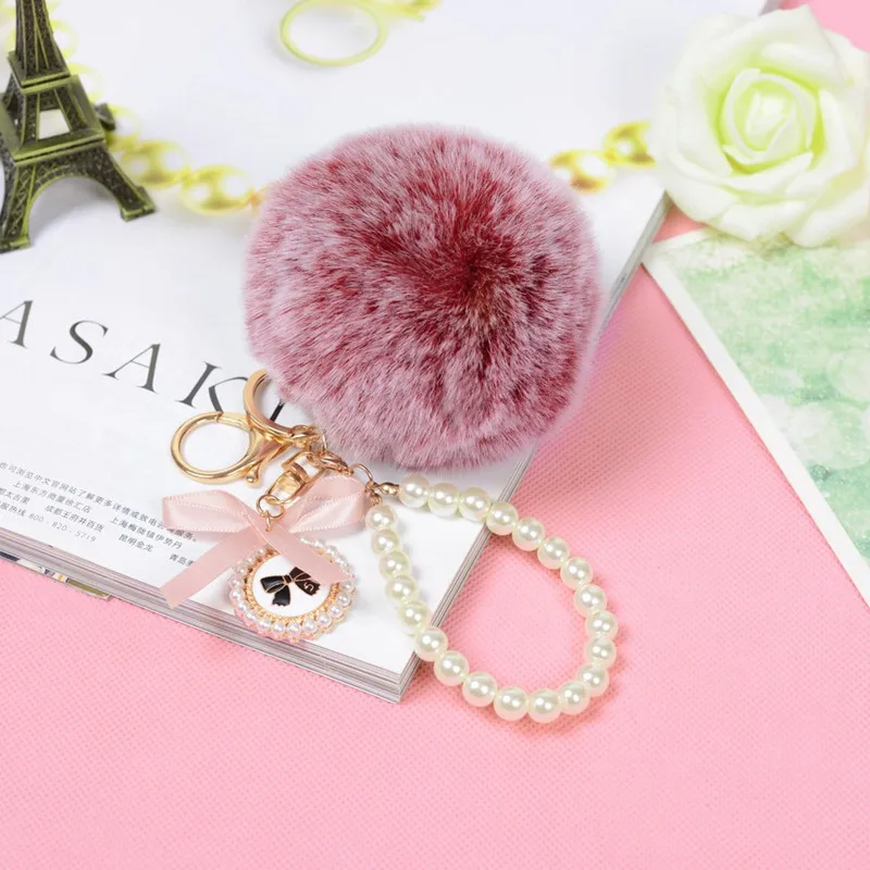 

New Plush Imitated Rabbit Fur Ball Keychain With Beads Bowknot Fur Pom Pom Key Chain Ball Pendant Bag Accessories EH709