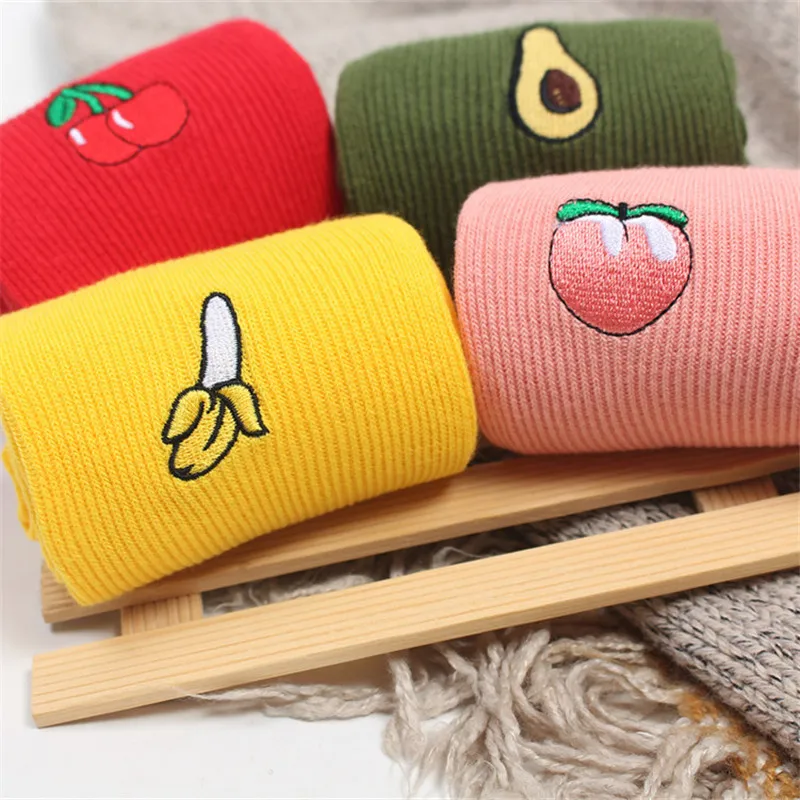 

Cute Cartoon Fruit Print Avocado Banana Cherry Peach Girls Kawaii Socks meias Korean Harajuku Embroidery Pile Heap Funny Socks