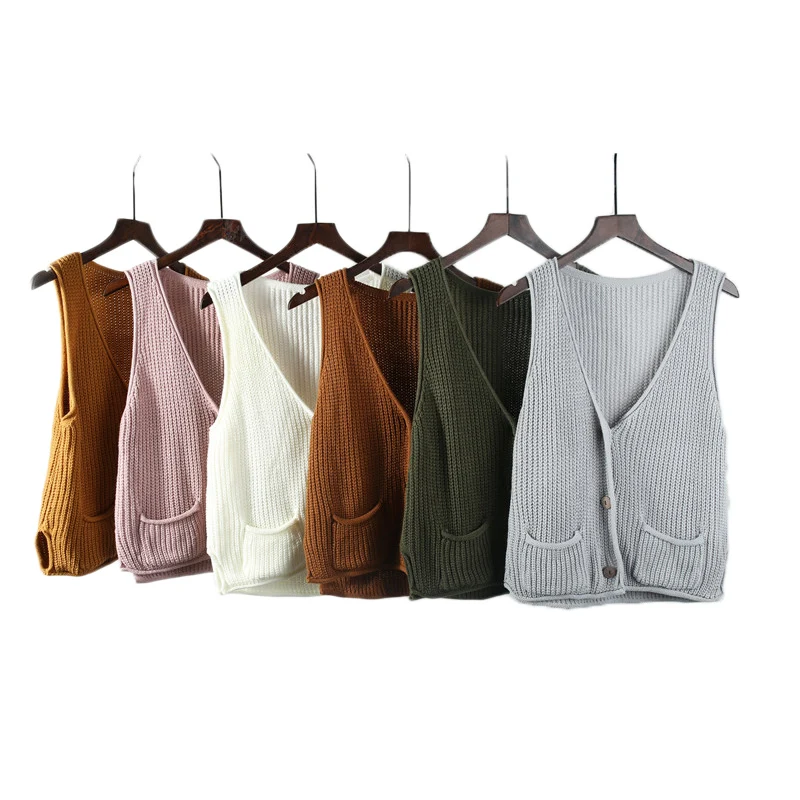 

Vintage Sleeveless Short Knitted Vest Women Spring Knitted Sweater Cardigan Poncho Open Stitch Waistcoat Korean Fashion