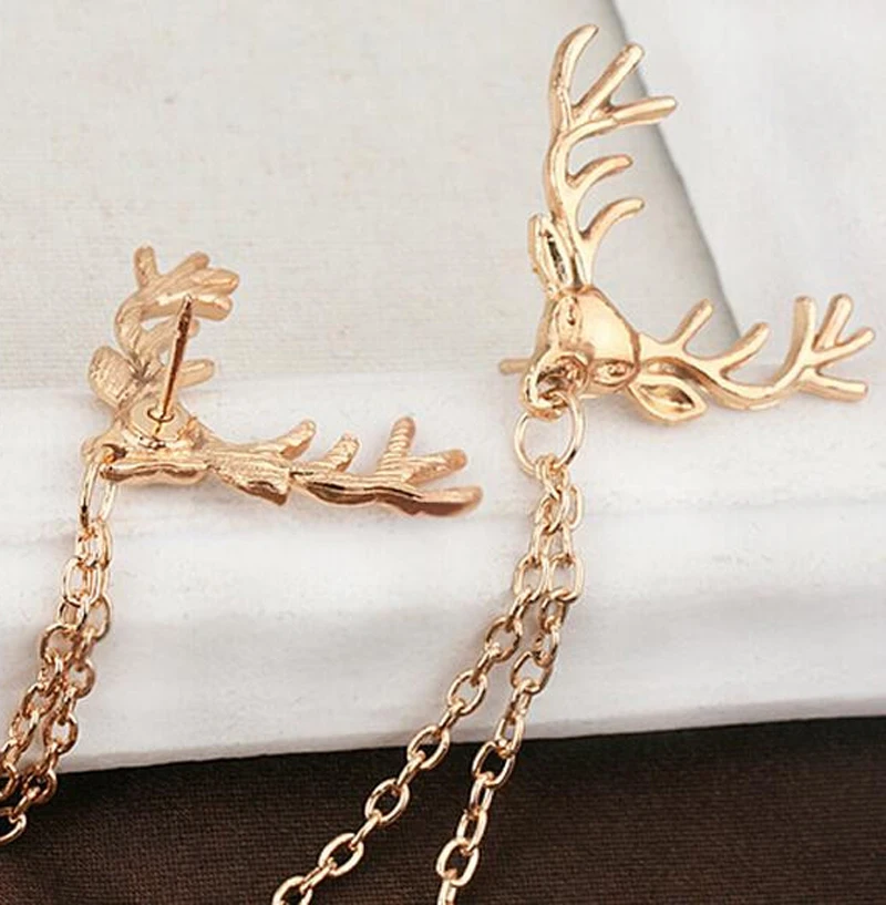 

Hot Unisex Deer Head Elk Gold / Silver Tips Double Link Chains Tassels Collar Pins Brooch Clip Pin Brooches
