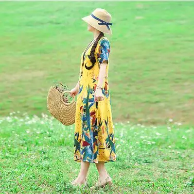 019 Plus Size Women Vintage Dress Summer Autumn Sundress Cotton Linen Vestidos Lady Long Dresses Print Floral Loose Casual Dress - Цвет: 019