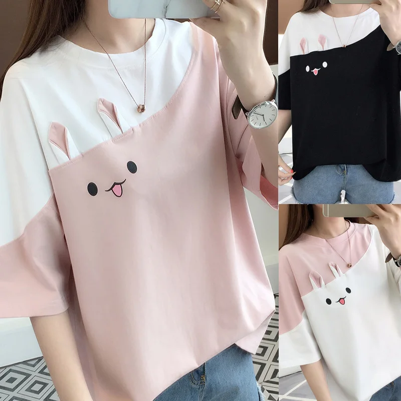 Гранж эстетика ulzzang friends harajuku rabbit tee kawaii 2019 женская футболка размера плюс Топы в