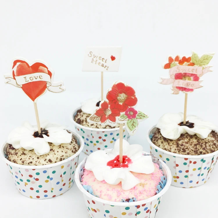 24 шт./лот топперы для торта в виде сердца и цветов с надписью Love Мультяшные