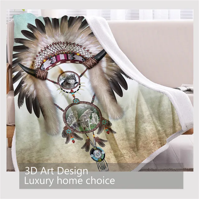 BlessLiving Wolf Dreamcatcher Blanket Feather Beads Sherpa Fleece Blanket Boy Western Bed Couch manta Gray Teal Bedding 3