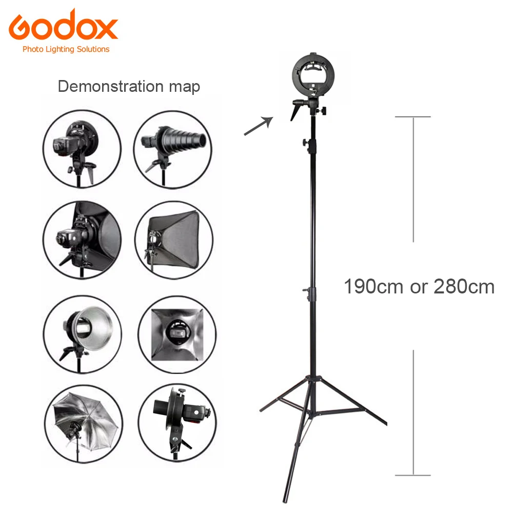 Godox 190 см/280 см сверхмощный светильник+ s-образный прочный пластмассовый кронштейн Bowens держатель для вспышки Speedlite Snoot софтбокс
