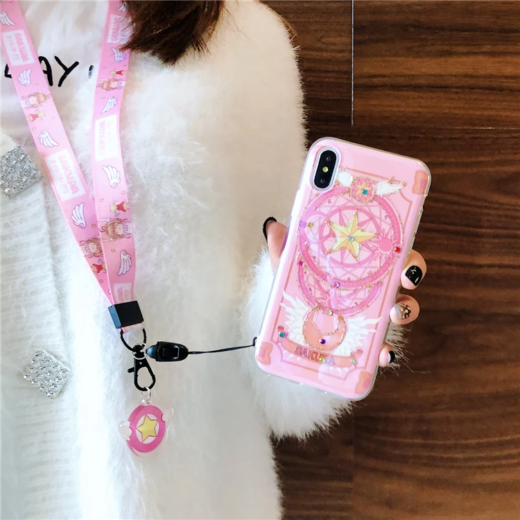 Для iphone XS max XR X Розовый Блестящий Сейлор Мун мягкий чехол+ ремешок для iphone 8plus 7plus 6SP 7 8 6 6S милый блестящий чехол Sukura