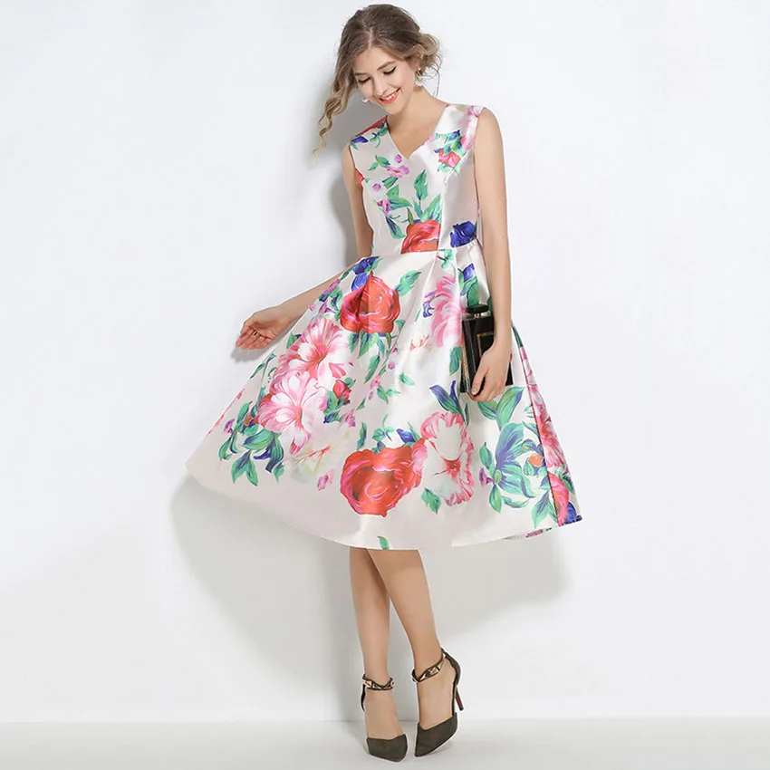 2017 новое модное летнее платье Европейский женский винтажный цветочный принт без