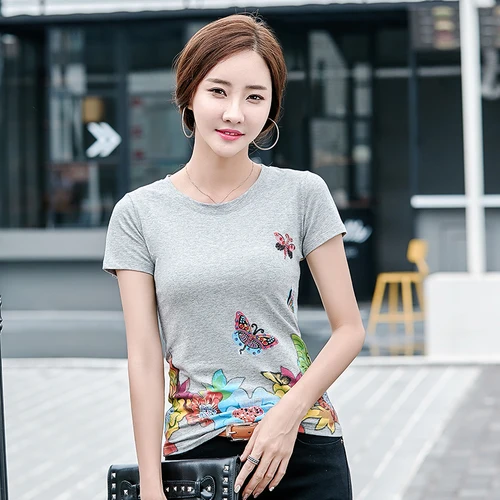Summer Plus Size Tees Shirt Women Slim Short Sleeve O-neck Basic T-shirts Female Fashion Flower Print Diamond Casual Bts Tops | Женская