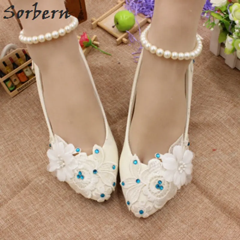 

Sorbern White Flower Lace Wedding Shoes Cute Spool Blue Rhinestones Spring 2018 Ladies Shoes For Bridesmaid Dropshipping 2018