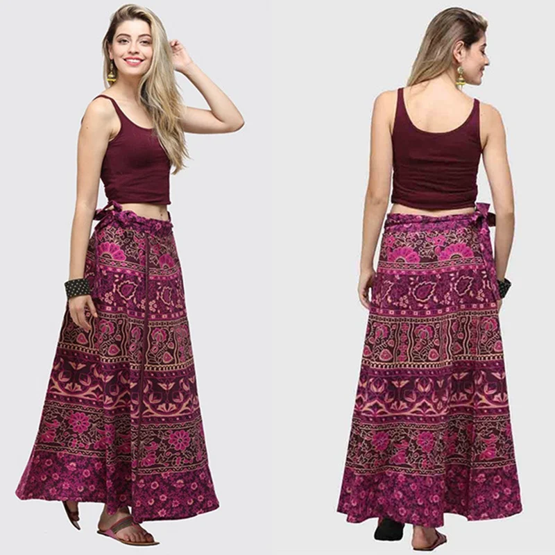 Boho Wrap Around Floral Print Maxi Skirt Women Elegant Indian Tribal Style Bohemian Long Beach Skirts Womens