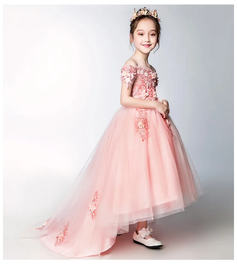 He's Bride Flower Girl Dresses for Wedding The Children's Princess Pink Lace Luxury Sweep Train Party First Communion | Свадьбы и