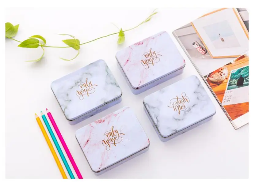 Creative tinplate marble texture storage case stationery holder daily desktop sorting box wedding candy box school office supply