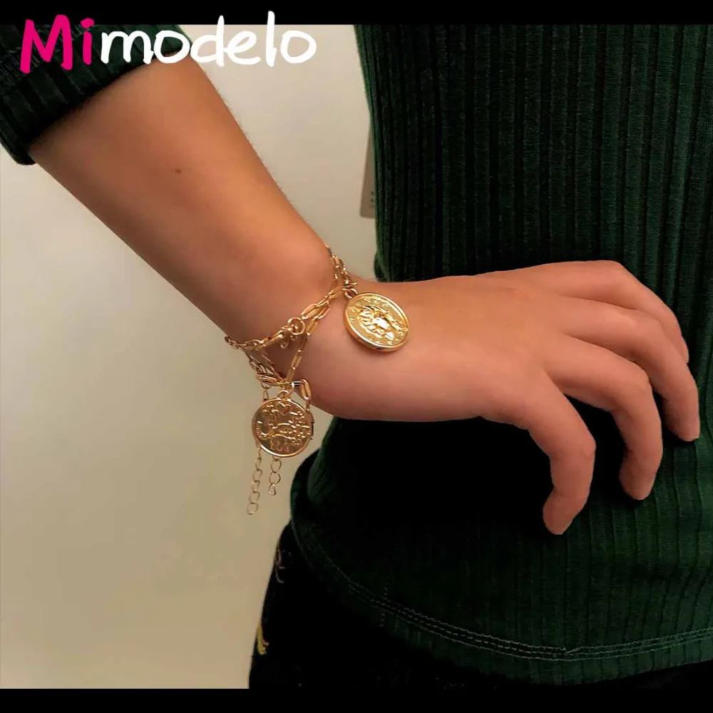 Женский винтажный браслет простой многослойный из сплава с тиснением монет |