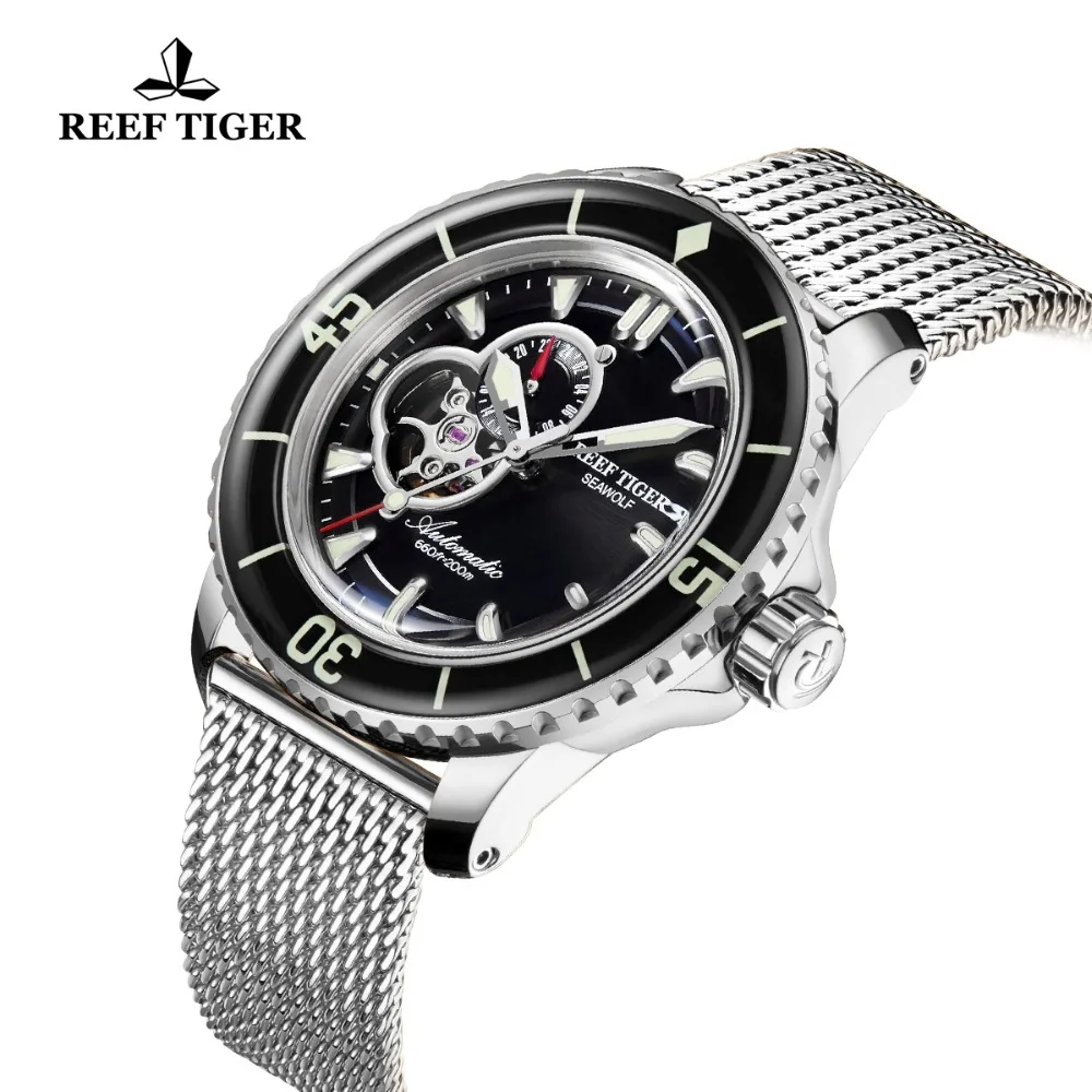 

Reef Tiger/RT Top Brand Men Swimming Watch Waterproof Blue Super Luminous Tourbillon Automatic Watches Steel Bracelet RGA3039