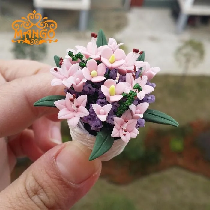 Аксессуары wholesale1: 12 кукольный домик миниатюрная глина для поделок Микро Моделирование розовые цветы цветок лилии корзина