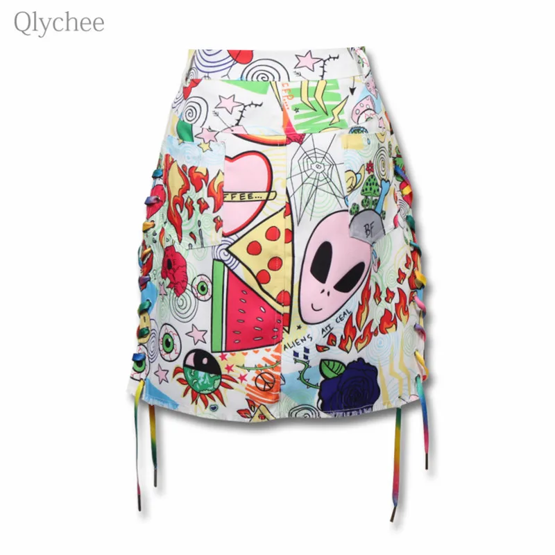Qlyhchee Cartoon Scrawl Cross Lace Up Skirt Zipper Button Waist Women Mini Skirts Spring Summer Casual Sweet Female Short | Женская