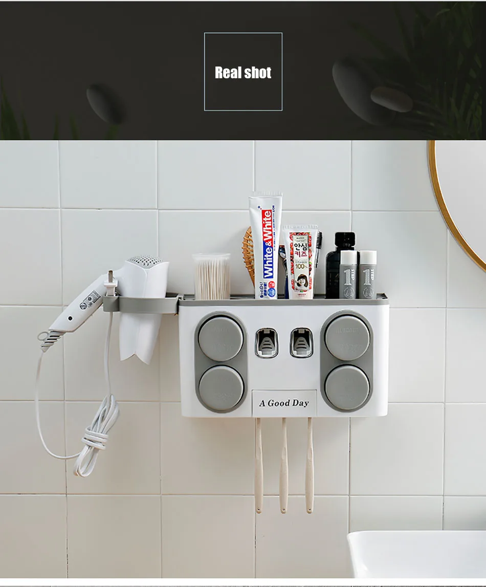 Wonderlife Bathroom Set Accessories Toothbrush Holder Automatic Toothpaste Dispenser Suction Cup Wall Mount Bathroom Storage Box