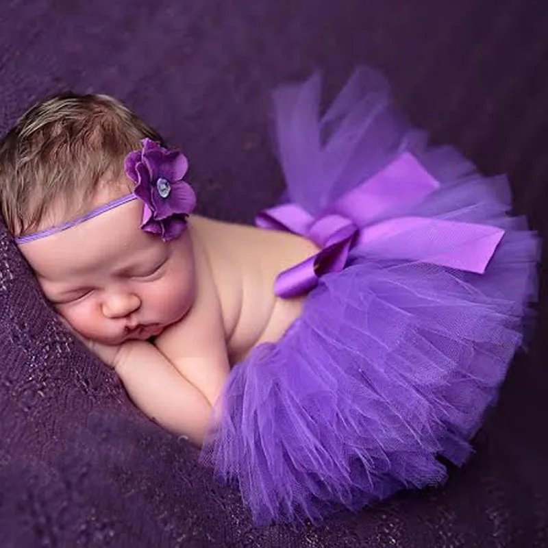 

Cute Baby Girls Purple Tutu Skirts Infant Layers Ballet Tulle Pettiskirts with Ribbon Bow and Flower Headband Kids Party Tutus