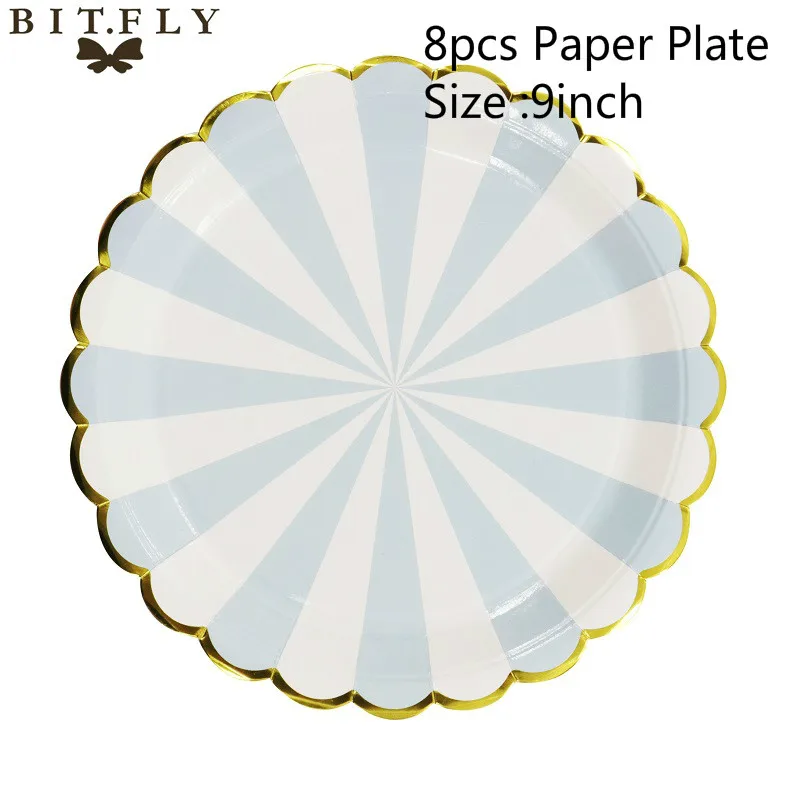 9inch Blue Plate BIT.FLY, Золотая фольга, одноразовая посуда на день рождения, детская вечеринка, розовая/синяя бумажная тарелка, салфетки под чашки для мальчиков/девочек, украшения для вечеринки сделанные своими руками - Цвет: 9inch Blue Plate