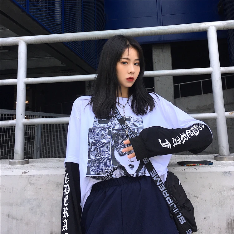 Funeral dark new ulzzang Harajuku BF хип-хоп поддельные две части Мода Harajuku свободный большой размер женский осенний мультфильм толстовка