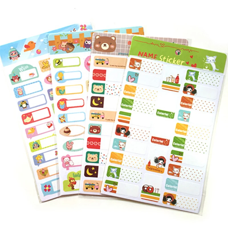 Pegatinas autoadhesivas de dibujos animados para estudiantes, pegatinas impermeables de PVC con nombre de Kawaii, 2 hojas por lote-0