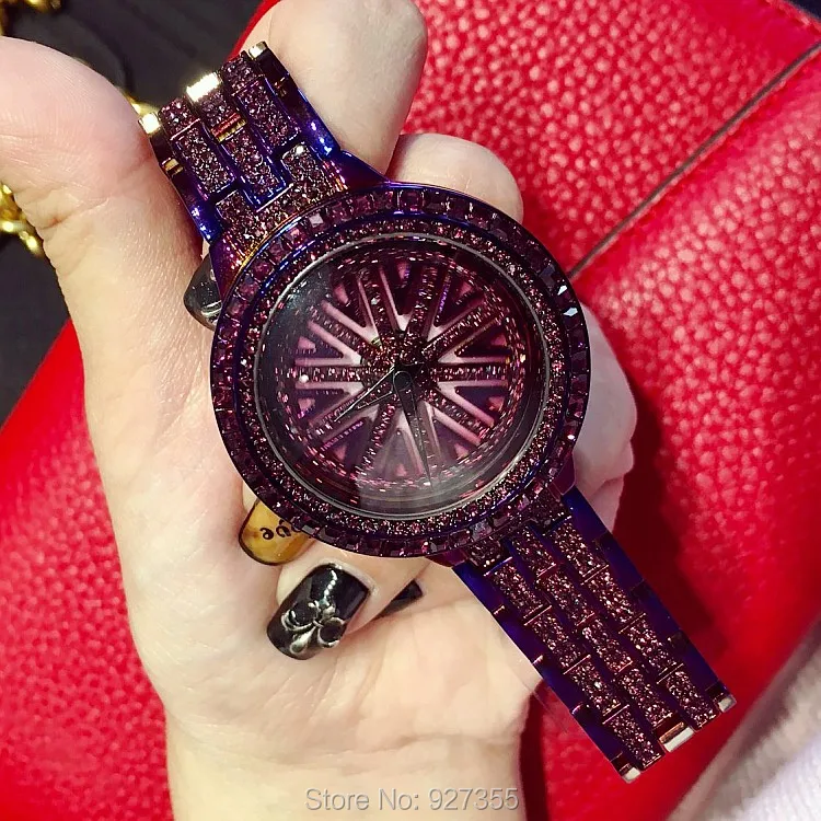 2022 New Women Stainless Steel Watches Lady Shining Rotation Dress Watch Big Diamond Stone Wristwatches Purple Watch Clock Hours