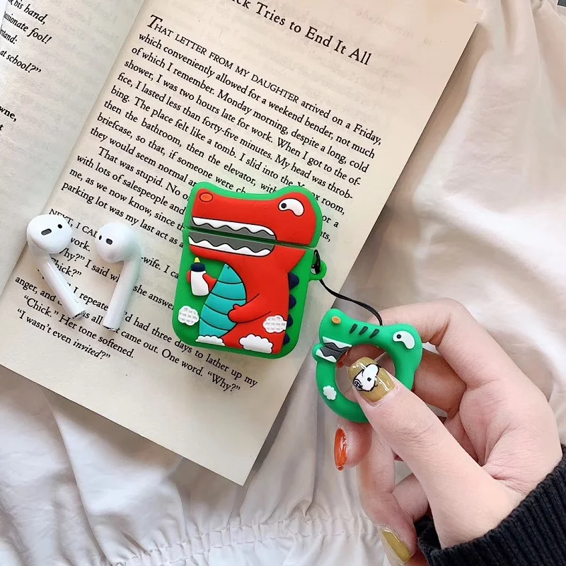 Мягкий силиконовый милый защитный чехол для Airpods с зеленым динозавром/розовой