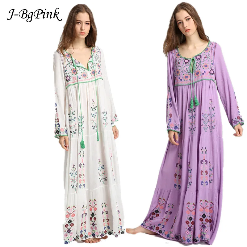 

White Summer Dresses Vintage Boho Women Dress Brand Clothing Floral Cotton Embroidery Maxi Dress Round Neck Tassel Long Sleeve
