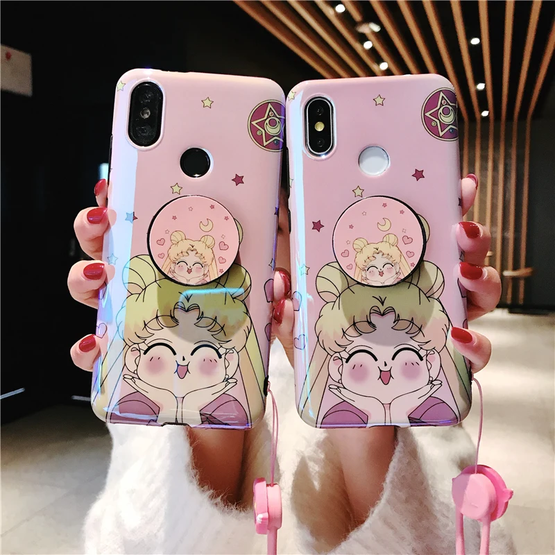 Для Xiaomi Mi8 M8 6X розовый Сейлор Мун мягкий чехол для Xiaomi 6X милый мультяшный чехол+ подставка+ ремень