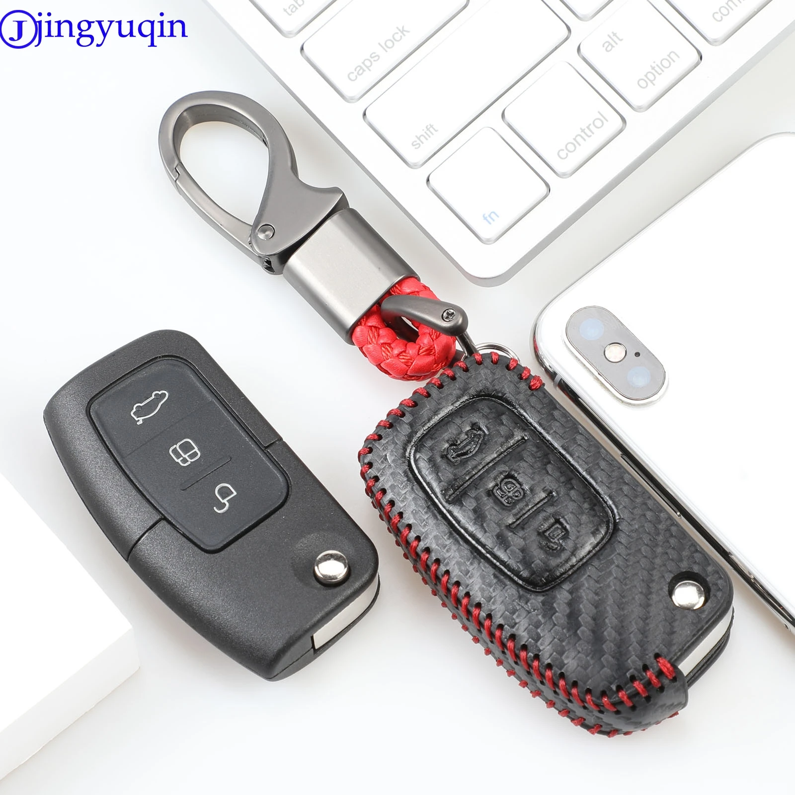 Jingyuqin 3b карбоновый кожаный чехол для ключей автомобиля для Ford Fiesta Focus 2 Ecosport Kuga Escape складной Flid