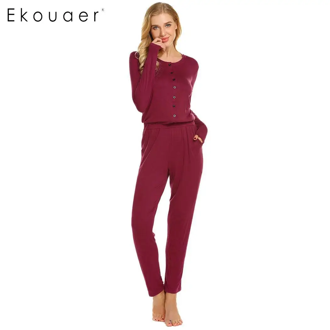 Ekouaer/женские комбинезоны для взрослых домашняя одежда с круглым вырезом и