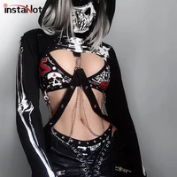 instahot gothic punk hooded hoodies women black skeleton print mask long sleeve crop tops 2019 fashion halloween top sweatshirt