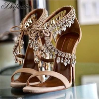 deification fashion pumps zapatos mujer 2018 rhinestone gladiator sandals women suede thin high heels lace up ladies shoes woman