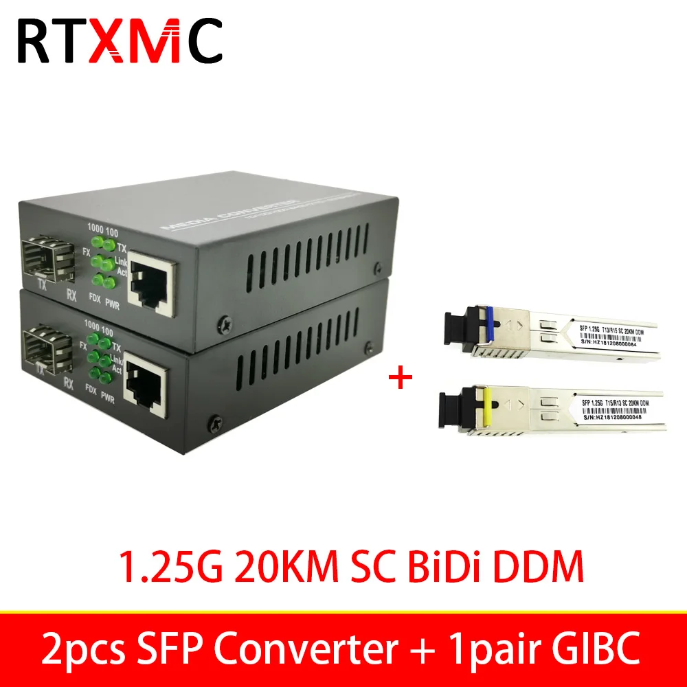 with SC 20KM SFP 2 шт. 1,25G SFP волоконно Порты и разъёмы медиа-конвертер RJ45 с программирования в производственных условиях GIBC 3 км 20 км SC BIDI волокна ЖК-дисплея 10/100/1000 м RJ45 Порты и разъёмы для программирования в производственных условиях к RJ45 - Цвет: with SC 20KM SFP