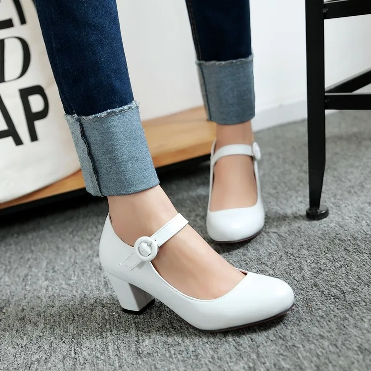 

2020 Women Shoes Mary Jane Ladies Round Toe High Heels White Wedding Shoes Thick Heel Pumps Lady Shoes Black Pink Plus size