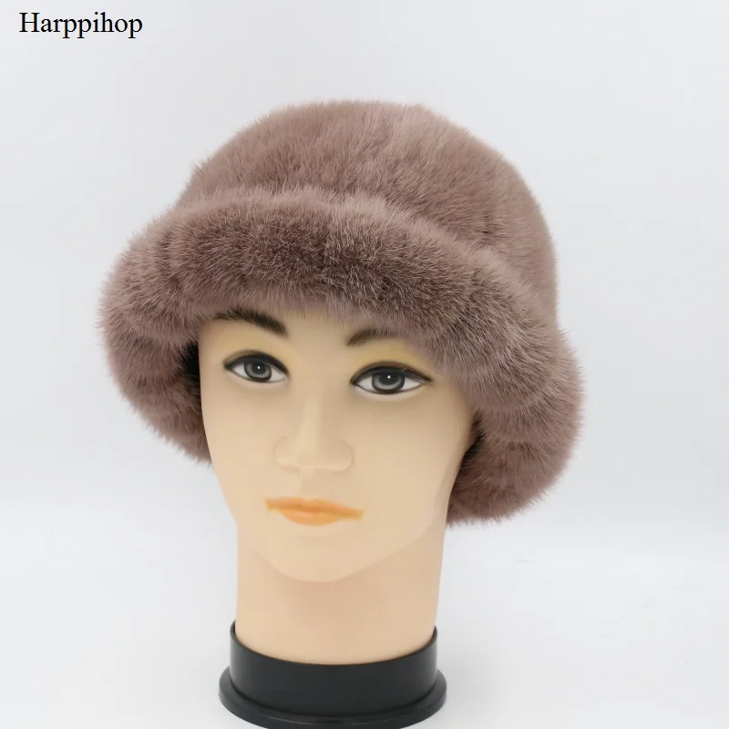 

Harppihop Caps 100% Real Mink Fur Hat Bonnet Fashion Women Lady Girl Skullies Beanies Cap Thickening Keep Warm