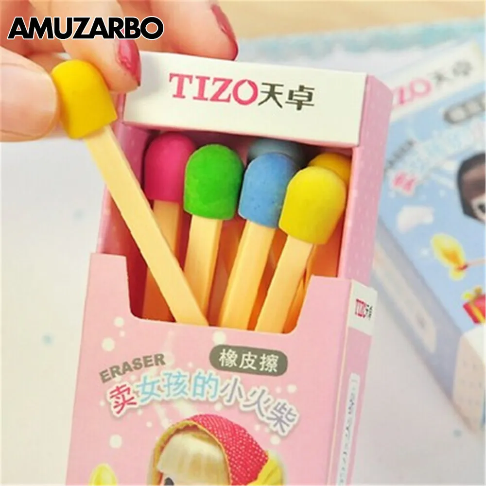 

8 pcs/Box Cute Kawaii Matches Style Eraser Creative Funny Colored Cartoon Gift for Students Kids Gift School Supplies
