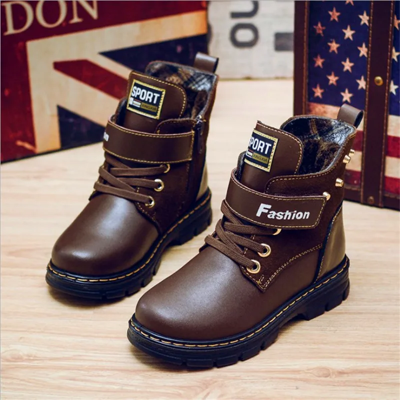 New Children Boots Autumn Winter Genuine Leather School Boy Shoes Fashion Snow Plush Warm Waterproof Kids High-top | Мать и ребенок