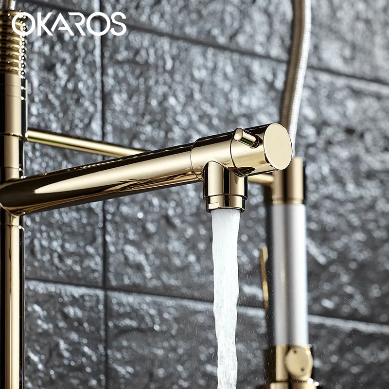 OKAROS кухонный медный кран Выдвижной двойной опрыскиватель Золотой готовой сосуд