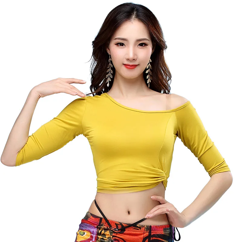 

Cheap Dance Wear Women Belly Dance Clothes Irregular Tops Off Shoulder Neck Half Sleeves Modal Top for Bellydance