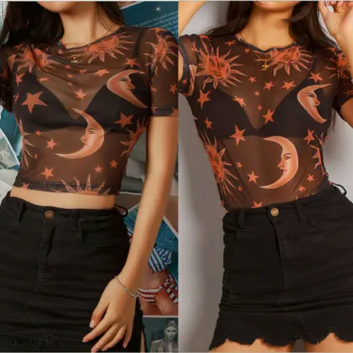 Женские модные рубашки с принтом Луны прозрачная сетчатая блузка для вечеринок